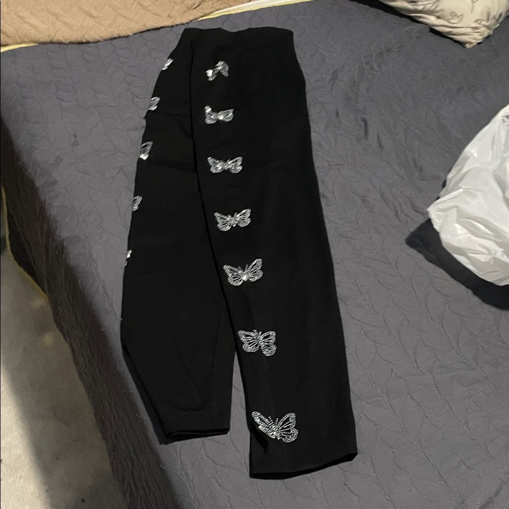 Black Leggings with Silver Butterfly Accents moral society plus size os
